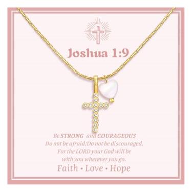 Imagem de Colar de corrente com pingente de cruz de zircônia cúbica banhado a ouro e coração de pérola batizado, primeira comunhão, confirmação de Páscoa, presentes de Natal para meninas, adolescentes e