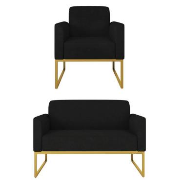 Imagem de Kit Namoradeira e 1 Poltrona Decorativa Base Industrial Dourada Maressa S07 Suede Preto - Ibiza