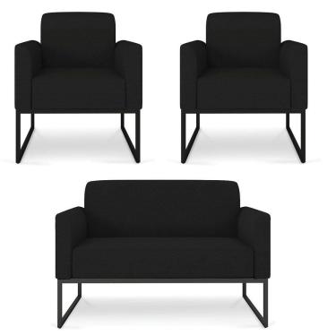 Imagem de Kit Namoradeira e 2 Poltronas Decorativas Base Industrial Preta Maressa A79 Linho Preto - Ibiza