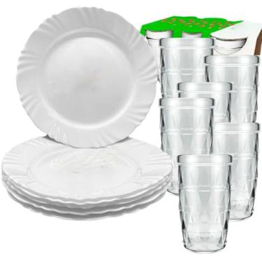 Imagem de Jogo De Pratos E Copos 12 PeçAs | 6 Pratos PéTala Fundo + 6 Copos De Vidro 270ml Resistente | Ideal Para Freezer, Geladeira, Dia A Dia E Festas(6 RASO + 6 COPOS)