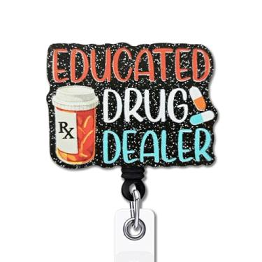 Imagem de YAZMEEN Presentes engraçados de carretel de crachá - traficante de drogas educado - porta-crachá retrátil com clipe jacaré - Suporte de cartão de identificação acrílico com glitter preto - presentes