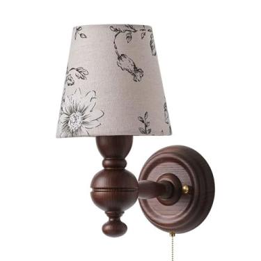 Imagem de Arandela de parede de madeira vintage, luminária de parede retrô de madeira com abajur de tecido cilíndrico e interruptor de corrente de puxar, luminária de parede de tecido com estampa flor