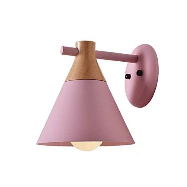 Imagem de Luminária de parede nórdica de madeira com cúpula de metal cônica, luminária de cabeceira para ambientes internos, luminárias de parede para quarto infantil, luminárias de parede E27 (cor: r