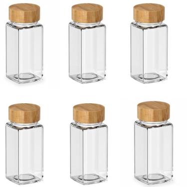 Imagem de Jogo 6 Potes de Vidro 125ml Quadrado para Temperos Secos Tampa Bambu D