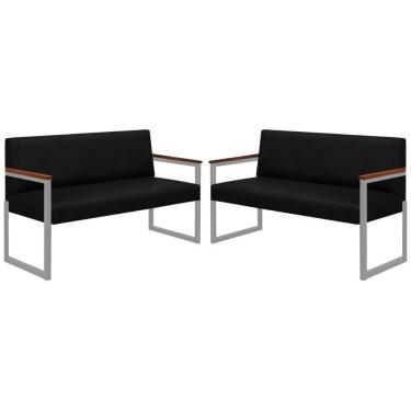 Imagem de Conjunto 2 Sofás De 2 Lugares Niterói Couro Preto Em Metal Champanhe