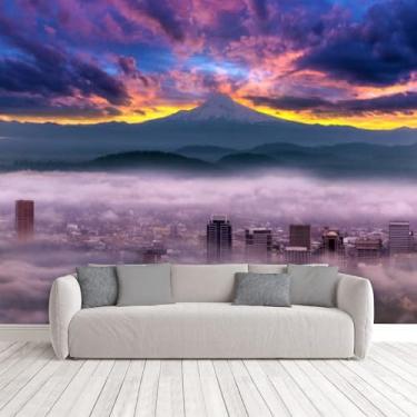 Imagem de Papel de parede dramático colorido nascer do sol Mount Hood Foggy Portland Oregon City Peel & Stick Papel de parede autoadesivo removível mural de parede adesivo de fundo decoração de parede para sala