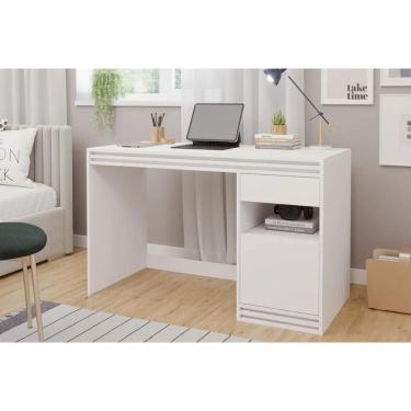 Imagem de Mesa Escrivaninha Retangular Mila com 1 Gaveta e 1 Porta em MDF 120cm Branco Estilo Ripado para Escritório