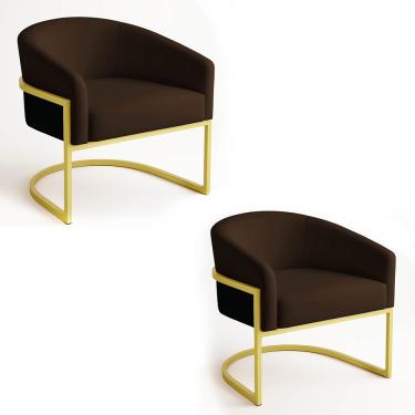 Imagem de Poltrona Sala Decorativa Industrial Dourada Kit 2 Arielle Suede Marrom D03 - D'Rossi