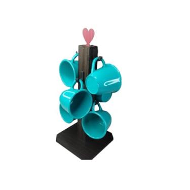 Imagem de Suporte Pedestal Para Xícaras + 6 Xícaras de Acrílico 80ml - Café, Chá, Cozinha (Azul Tiffany)