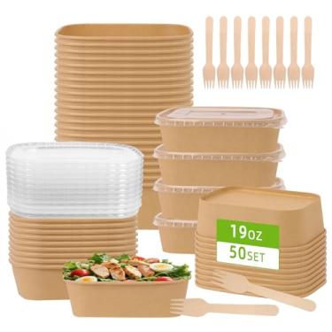 Imagem de DeziWood Embalagem com 50 recipientes de papel para alimentos de 540 ml com tampas, recipientes para preparação de refeições tigelas de papel grandes descartáveis, para micro-ondas e freezer, use