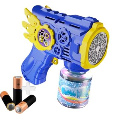 Imagem de Pistola de Bolhas Automática com Engrenagens Giratórias, Luzes LED, Azul e Amarelo, Kit Completo com Frasco de Solução,