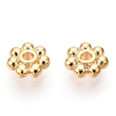 Imagem de 20 peças contas espaçadoras de margarida de ouro 18K ouro 18 k contas florais soltas planas pequenas contas soltas de metal a granel para fazer joias colar pulseira chaveiro, 5 x 1,5 mm, orifício: 1,5