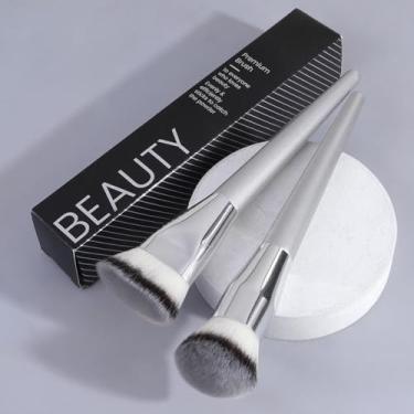 Imagem de Conjunto de pincéis de base, 3 peças de pincéis kabuki sintéticos de ângulo boxer para mistura de líquidos, cremes e cosméticos em pó (prata)