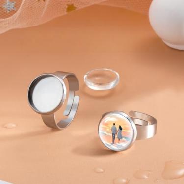 Imagem de 10 peças de bases de anel ajustáveis com cabochão de vidro de 12 mm – Configurações em branco em tom prateado para joias de resina DIY e artesanato fotográfico