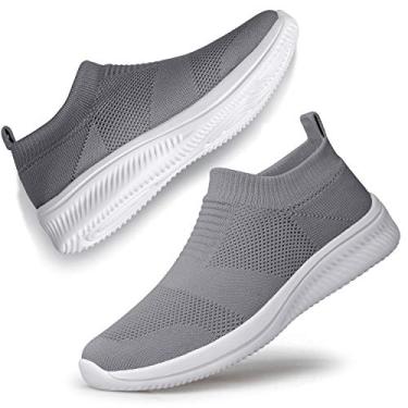 Imagem de vibdiv Tênis de caminhada feminino, casual, leve, confortável, respirável, sem fecho, Zapatillas de Mujer, Cinza escuro e branco, 41