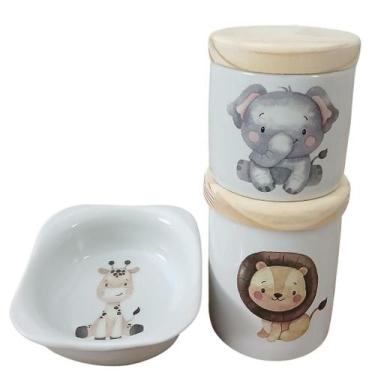 Imagem de Kit de Higiene para Bebê 3 Peças Safari - Potes de Porcelana e Molhade