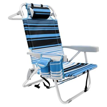 Imagem de Mochila de cadeiras de praia para adultos, cadeira de praia leve dobrável com suporte de copo e encosto de cabeça acolchoado, cadeira de alumínio reclinável resistente de 5 posições para pátio de