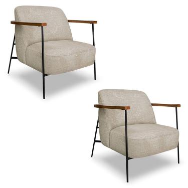 Imagem de Kit 2 Poltronas Decorativa Celeste Linho Bouclê Bege Base De Ferro Preto - Pallazio