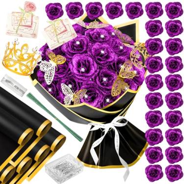 Imagem de 28 buquê de rosas roxas com purpurina, buquê de flores artificiais com alfinetes Diomand, kit de buquê de flores falsas DIY para o dia dos namorados, aniversário, casamentos, noivado