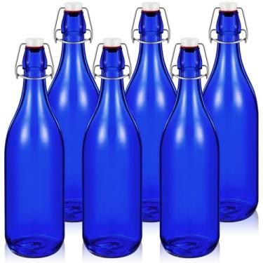Imagem de Teenyyou 6 garrafas de vidro 1 L / 83 garrafas de vinho decorativas de 2,126 g Garrafa de água de vidro com tampa hermética para decoração de casa, jardim, árvore, quintal, decorações externas (azul