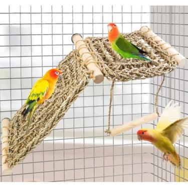 Imagem de FlidRunest Plataforma de poleiro para pássaros com escada de escalada, rede de tecido de alga marinha natural mastigável para papagaio, acessórios de gaiola de periquito, academia, exercícios