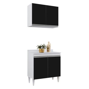 Imagem de Kit Armário Aéreo e Balcão de Cozinha Lavanderia com Tampo 02 Portas Loren Branco e Preto 80 cm L06 - D'Rossi