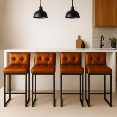 Imagem de Banqueta Cozinha Alta com Encosto Industrial Kit 4 Preto Lirina PU Nozes C05 - D'Rossi