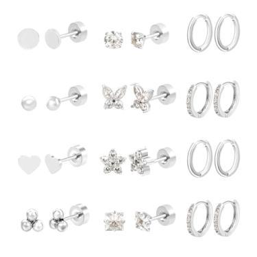 Imagem de LUXU kisskids 12 pares de brincos de prata para mulheres e homens, conjunto de brincos de argola de zircônia cúbica cartilagem lóbulo brincos de aço inoxidável hipoalergênicos de aço inoxidável