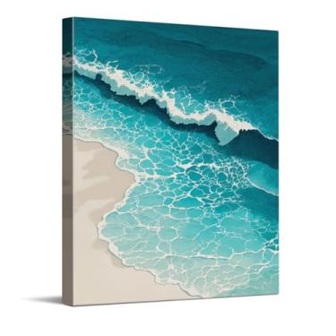 Imagem de CYFDYVT Impressão de arte de parede moderna litorânea do oceano costeiro com ondas turquesa e padrões de praia para decoração de casa relaxante, arte em tela 20 x 25 cm