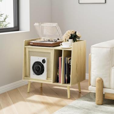 Imagem de Morwdxef Suporte para toca-discos com armazenamento de discos de vinil, suporte para toca-discos com porta de armário de vime comporta até 200 álbuns, prateleira de armazenamento de vinil para sala de