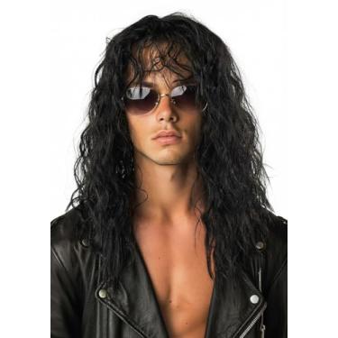 Imagem de UQJE Peruca Masculina Dos Anos 80, Preta, Longa E Cacheada, Fantasia De Roqueiro