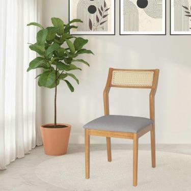 Imagem de Cadeira De Jantar Lagum Jequitibá Natural Assento Linho Cinza Premium Palha Sextavada