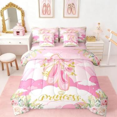 Imagem de Manfei Conjunto de edredom com 7 peças, conjunto de cama de princesa de balé rosa para crianças, sonhador feminino, com laço, cama de casal (1 edredom, 2 fronhas, 2 fronhas, 1 lençol de cima, 1 lençol
