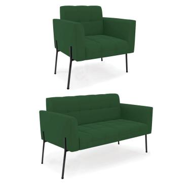 Imagem de Sofá Namoradeira E Poltrona Base Pé De Ferro Preto Elisa Veludo D03 - D'rossi Cor Verde