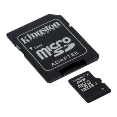Imagem de Cartão profissional Kingston 8GB MicroSDHC para smartphone LAVA Iris 355 com formato personalizado e adaptador SD padrão. (Classe 4)