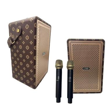 Imagem de Caixa de Som Karaokê Bluetooth sem Fio com 2 Microfones, 100W PMPO, Bateria Recarregável, Luzes LED, Rádio FM, USB, Cartão SD, Portátil (Marrom)