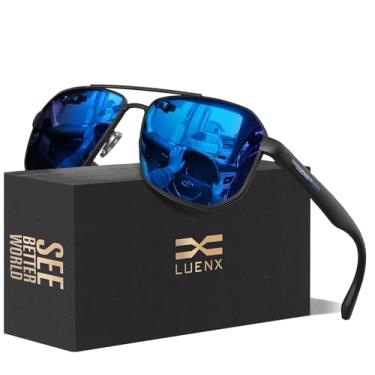 Imagem de LUENX Óculos de sol aviador para homens, lentes polarizadas quadradas, polígono - proteção UV 400 com acessórios 61 mm para dirigir ao ar livre, Lente azul espelhada/armação preta fosca e braço, 61mm