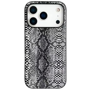 Imagem de DMaos Capa feminina para iPhone 15 Pro, capa de couro sintético envernizado com linhas de pele de cobra, moda clássica para iPhone15 Pro 2023 6,1 polegadas - preta