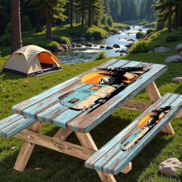 Imagem de Toalha de mesa de piquenique com capas de banco, 76 x 183 cm, impermeável, para acampamento, trailer, toalha de mesa retangular para piquenique, textura de madeira marrom petróleo com elástico