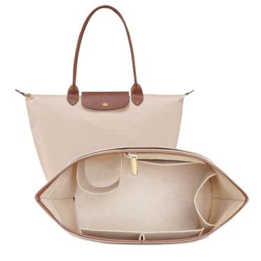 Imagem de DOIAPUOS Bolsa organizadora de feltro para bolsa Longchamp Le Pliage M, bolsa de mão com borda de couro Longchamp com suporte para copo organizador (bege, médio)