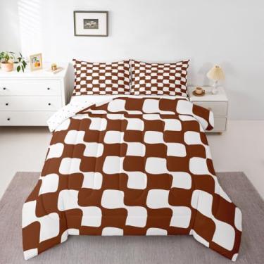 Imagem de jejeloiu Conjunto de cama quadriculado macio para meninos e meninas, conjunto de edredom xadrez búfalo, tamanho solteiro, marrom e branco, microfibra geométrica, decoração de quarto, 2 peças com 1