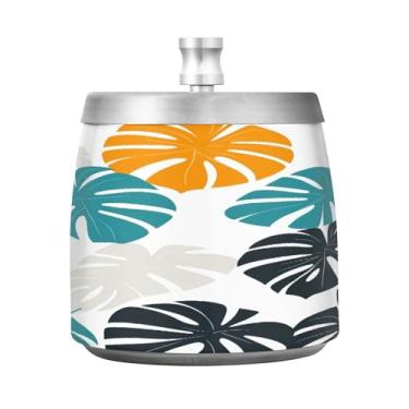 Imagem de Qilmy Cinzeiro de aço inoxidável Monstera Leaves com tampa - Cinzeiro de cigarro à prova de vento sem cheiro sem fumaça para casa, escritório, carro, pátio, varanda (uso interno e externo)