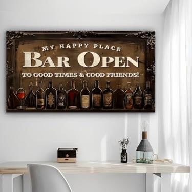 Imagem de MY HAPPY PLACE BAR OPEN TO GOOD TIMES GOOD FRIENDS Arte de parede em tela rústica - Pôster sem moldura de 30 x 61 cm - Decoração de casa e escritório para sala de estar, quarto, cozinha e café
