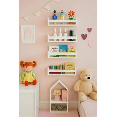 Imagem de Prateleira Infantil de Parede, Kit com 3 Peças, MDF Branco, 54x44x12 cm, Montagem na Parede, Estilo Moderno, Retangular, Porta Livros e Brinquedos