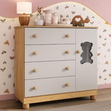 Imagem de Cômoda Infantil 95cm 1 Porta com Vidro e 4 Gavetas Fofura Multimóveis Mp4484 Madeirado/off White