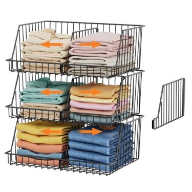 Imagem de Zuyachuza Organizadores e armazenamento empilháveis de armário de 3 camadas, prateleiras de armário de arame de metal, organizador de armário que economiza espaço com divisórias ajustáveis para quarto