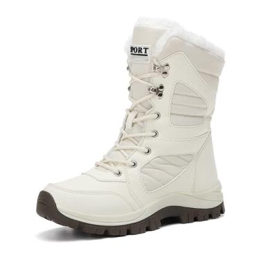 Imagem de Botas de neve femininas impermeáveis com cadarço de inverno confortáveis e forradas com pele leve antiderrapante plataforma cano médio para viagens e trabalho, Branco, 35