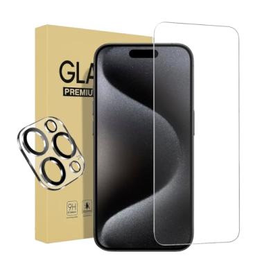 Imagem de Pacote com 1 protetor de tela para iPhone 15 Pro Max [6,7 polegadas] + 1 pacote de protetor de lente de câmera, proteção de sensor, compatível com ilha dinâmica, película de vidro temperado compatível