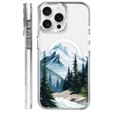 Imagem de MQJCYB Capa magnética para iPhone 15 Pro Max com design em base transparente, compatível com MagSafe, capa protetora fina de TPU macio para celular para mulheres e meninas - montanhas árvore ao ar