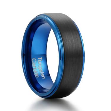 Imagem de Zillaly Aliança de casamento masculina de tungstênio - anel de tungstênio de 8 mm, ajuste confortável, ranhura central, elegante dourado azul preto, adequado para noivos, Carboneto de tungstênio, Sem